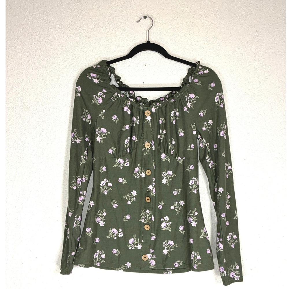 No Boundaries Olive Green Floral Long Sleeve Square Neck Button Front Top